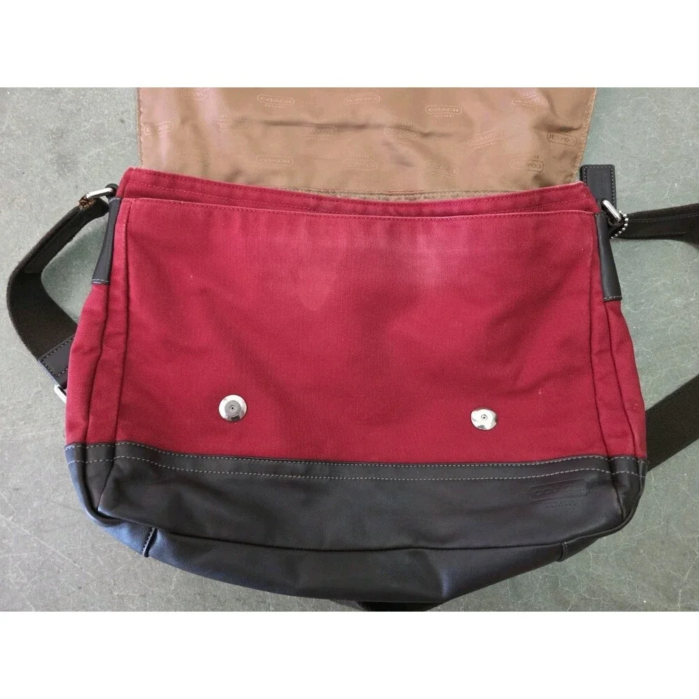 Coach Mens Red And Brown Messenger Bag Leather Trim Crossbody Laptop Travel Bag